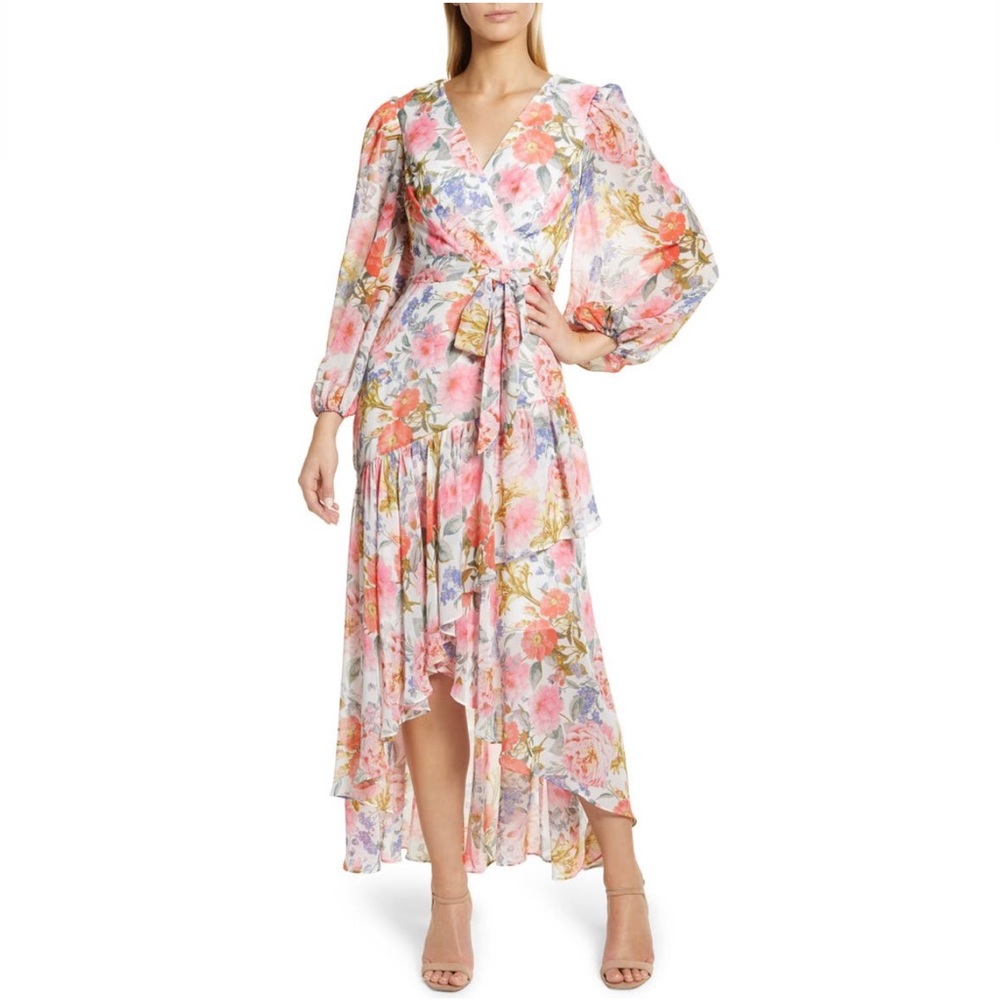 Eliza J Floral Chiffon 3/4 Sleeve Wrap High Low Ruffle Midi Dress Pink 20W NWT